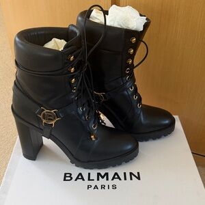 Balmain Black Heeled Boots with Gold Accents - combat style